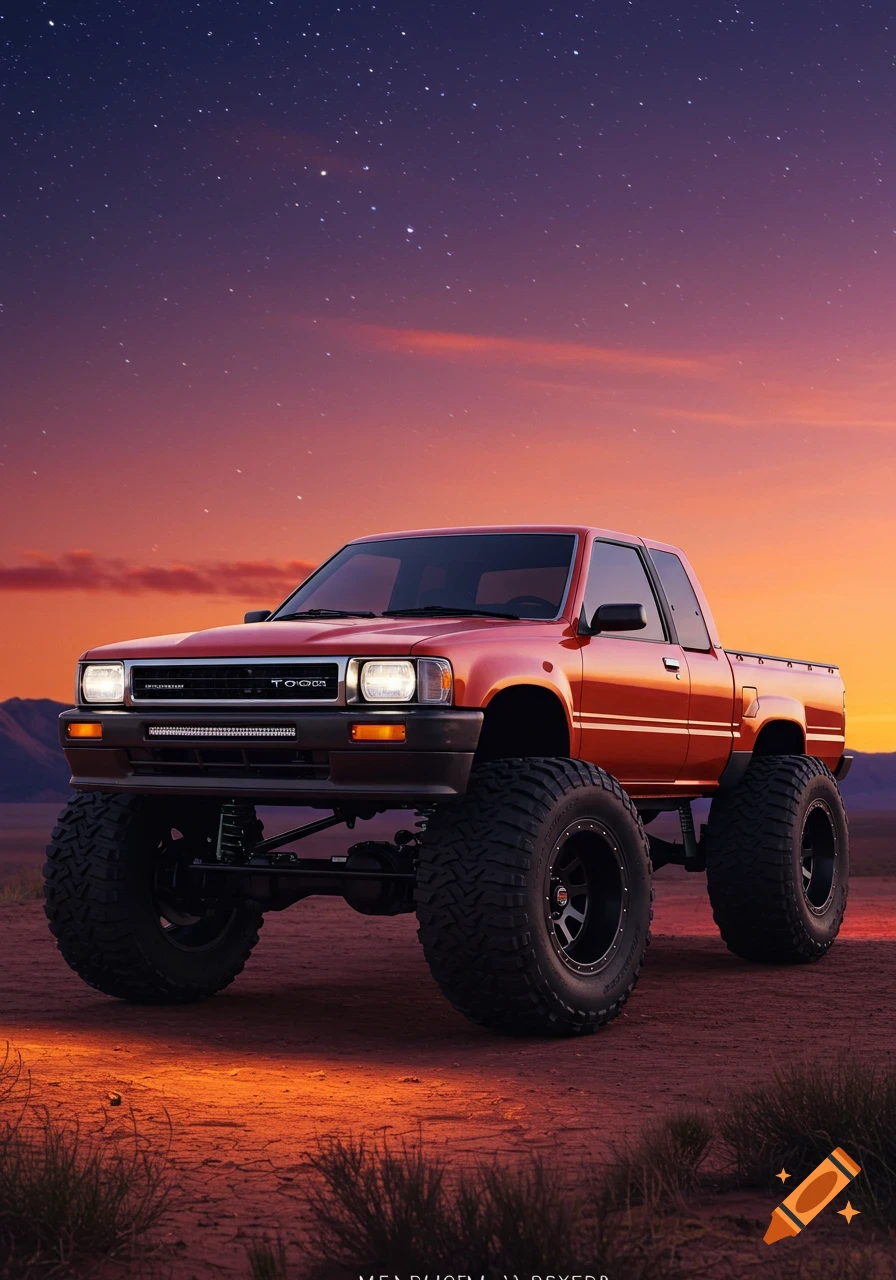 A red monster truck with large tires parked in a desert landscape under a starry, vibrant sunset sky.
