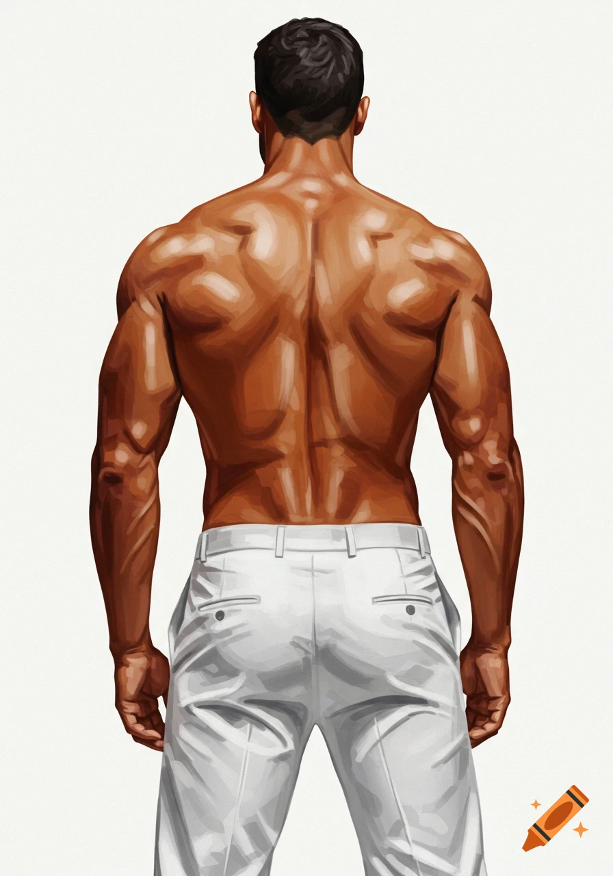 Illustration of a muscular man seen from behind, wearing white trousers against a white background.
