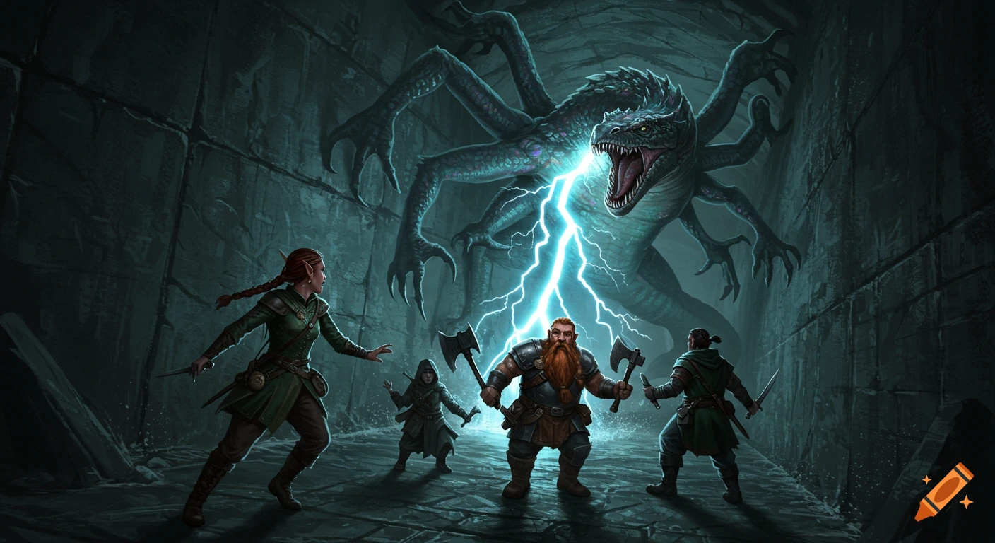 Fantasy adventurers battle a multi-limbed lightning-shooting monster in a dark dungeon.