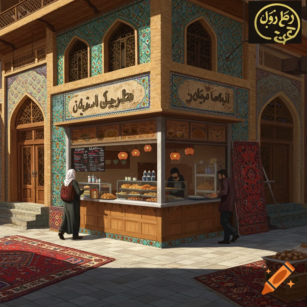 A vibrant, detailed illustration of a traditional Middle Eastern cafe or takeout shop in a bustling bazaar, with people, intricate tilework, and rugs on the ground.