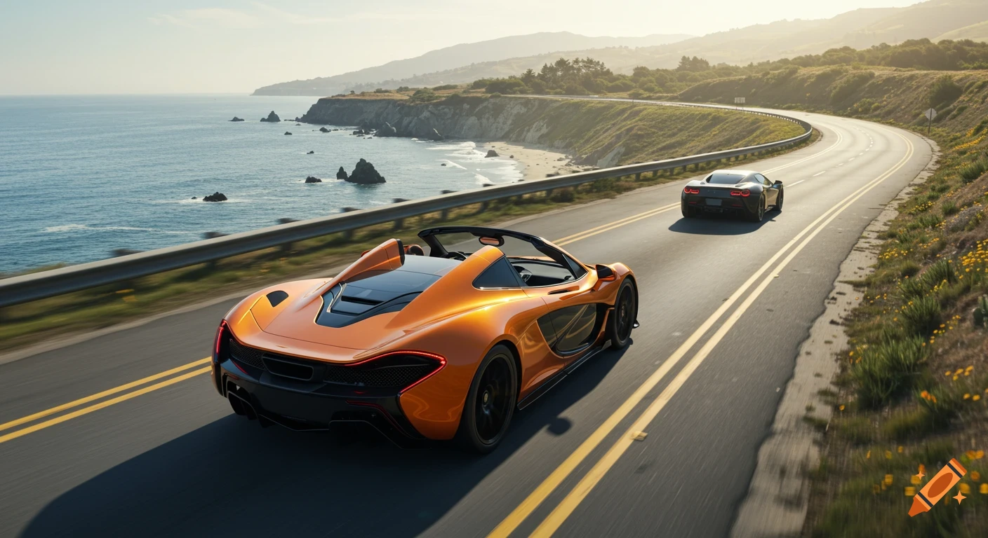 An orange McLaren P1 and another sports car drive on a scenic coastal highway overlooking the ocean and cliffs under a sunny sky.