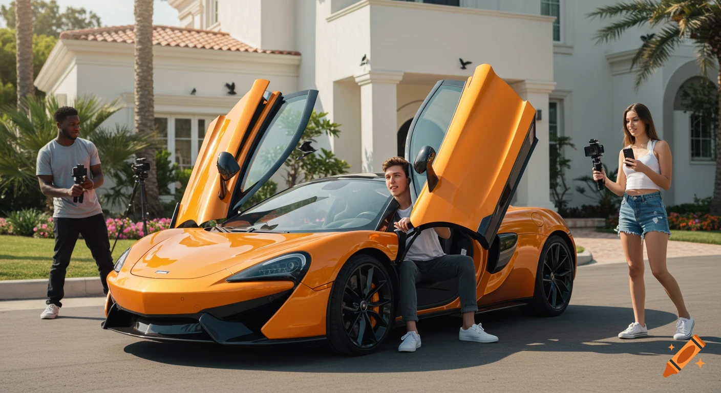 Young man in an orange McLaren with doors open, while two people film him with cameras, outside a mansion with palm trees.
