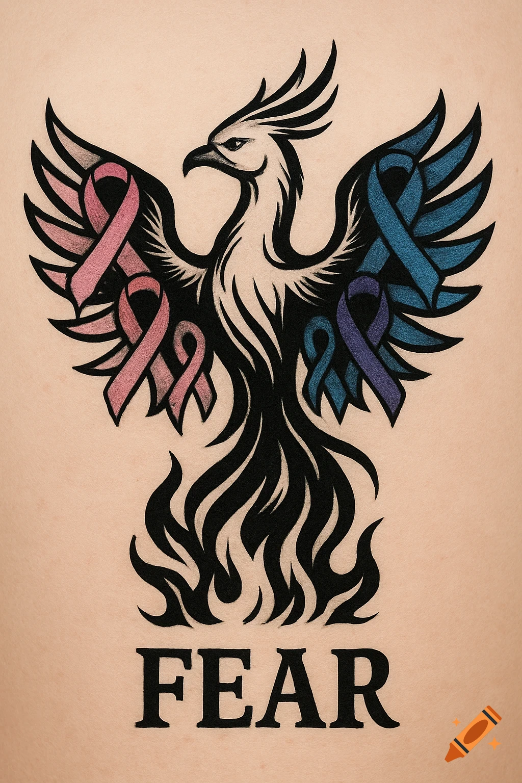 A tattoo design of a black phoenix with pink and teal awareness ribbons on its wings, rising from black flames above the word FEAR.