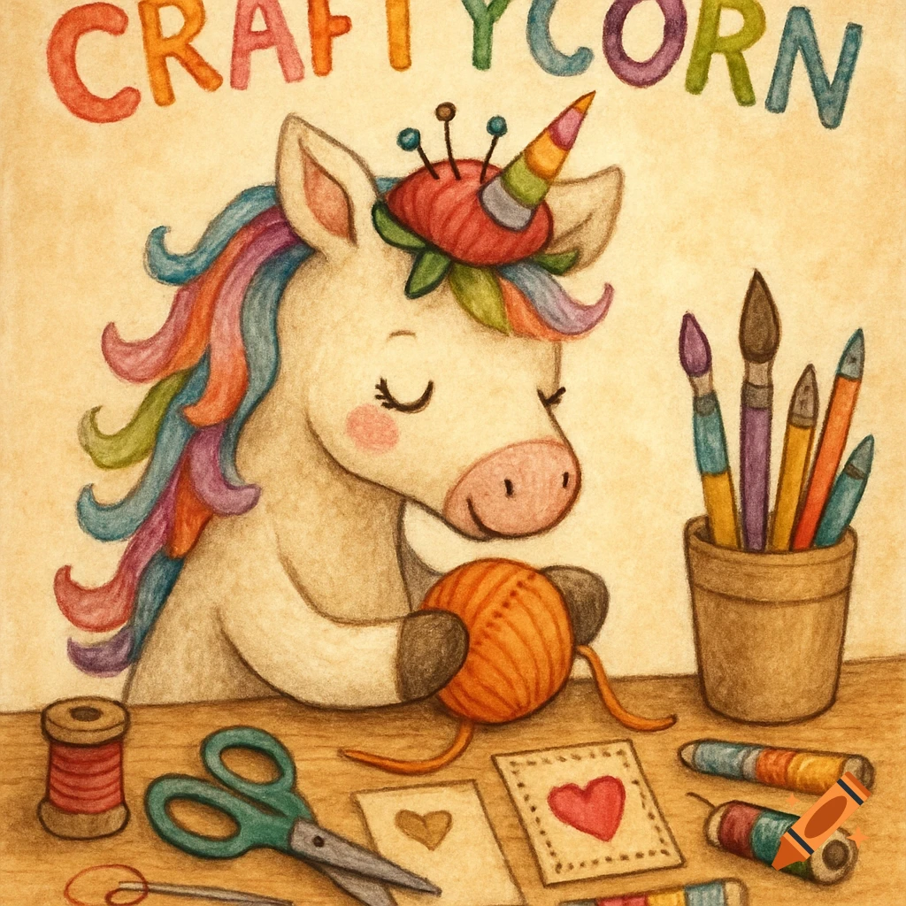 Watercolor illustration of a cute unicorn with rainbow hair crafting, holding yarn next to scissors and brushes. Text 'CRAFTYCORN'.