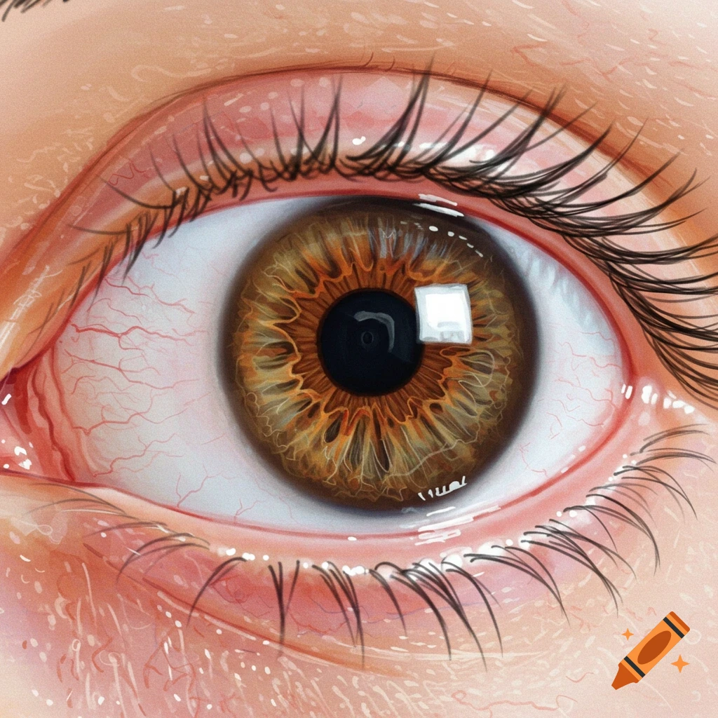Photorealistic close-up of a brown human eye with visible veins and dark eyelashes.
