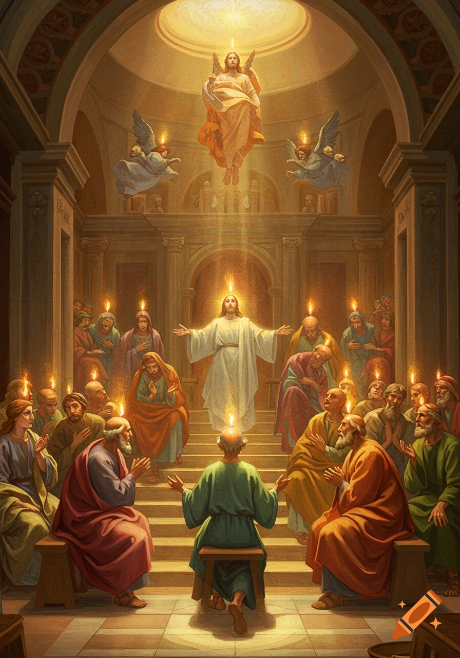 Biblical scene of Pentecost: Jesus, disciples, and angels in a grand chamber, with flames above their heads.
