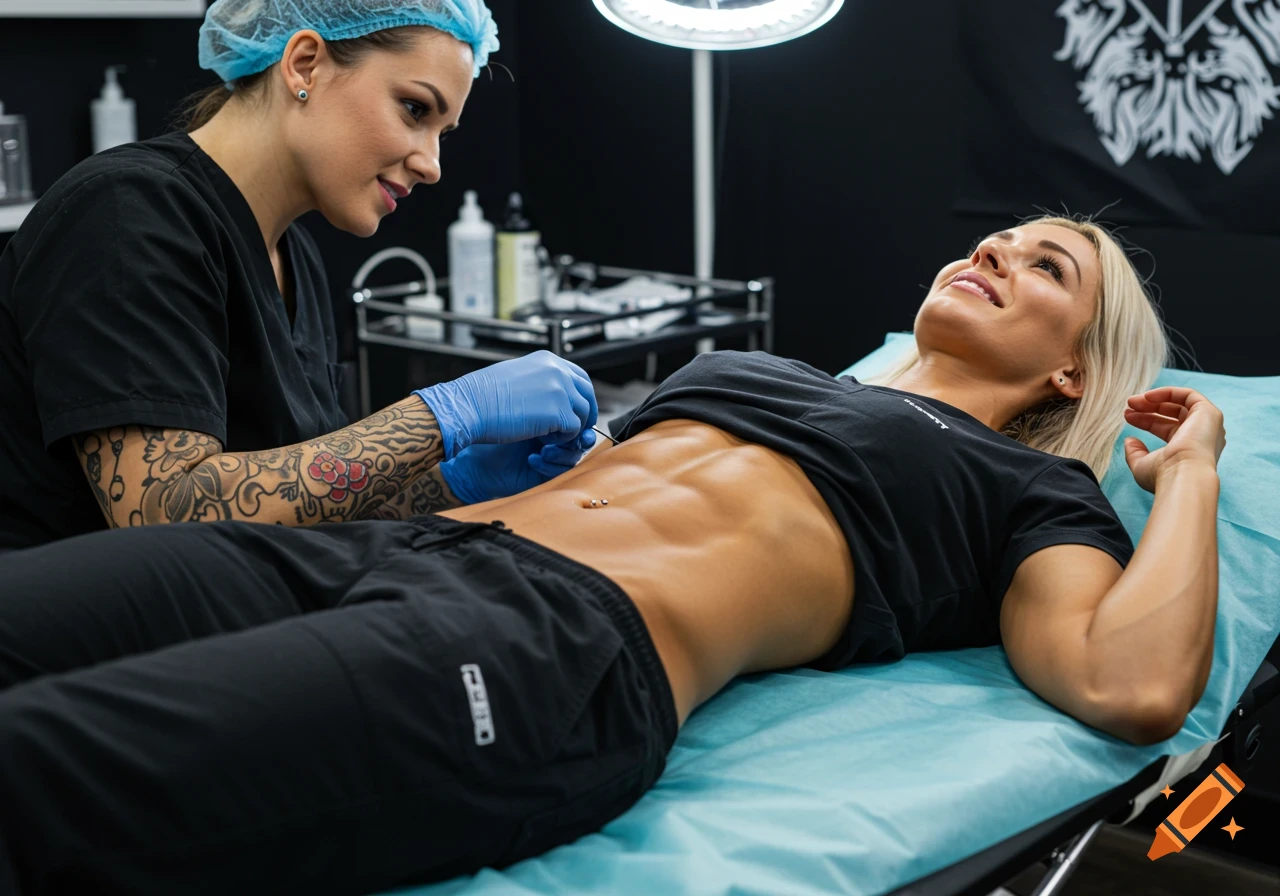 A professional piercer in scrubs and gloves prepares to give a navel piercing to a smiling woman with toned abs lying on a stretcher.