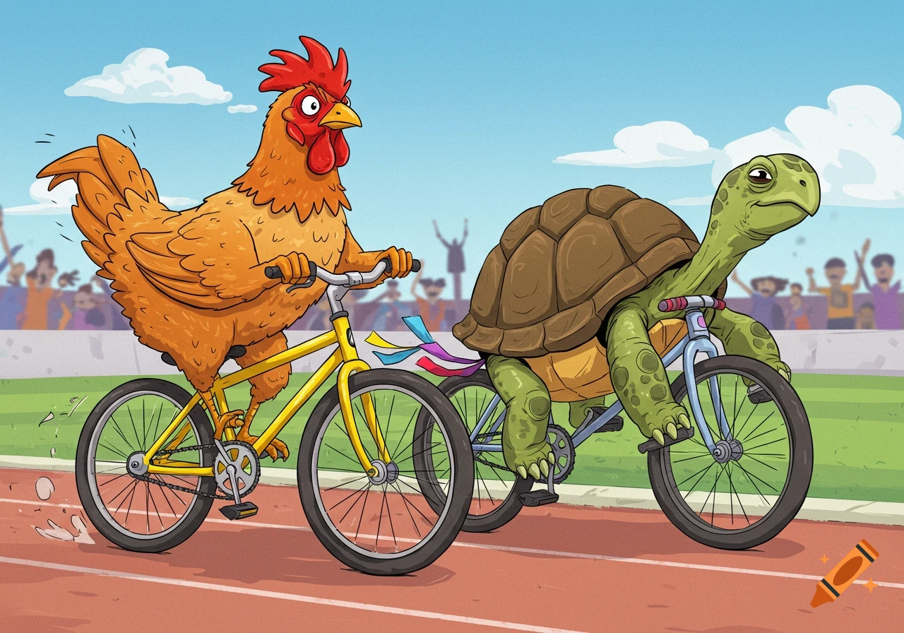 A cartoon chicken and a turtle race each other on bicycles on a track with spectators.