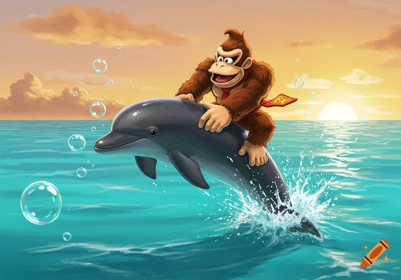 Donkey Kong, a brown ape, rides a grey dolphin through turquoise ocean water at sunset, with bubbles around them.