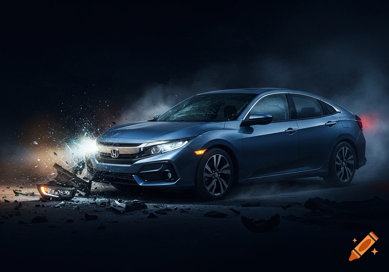 A blue Honda Civic after a car crash at night, with debris and shattered glass flying from the impact. Photorealistic.