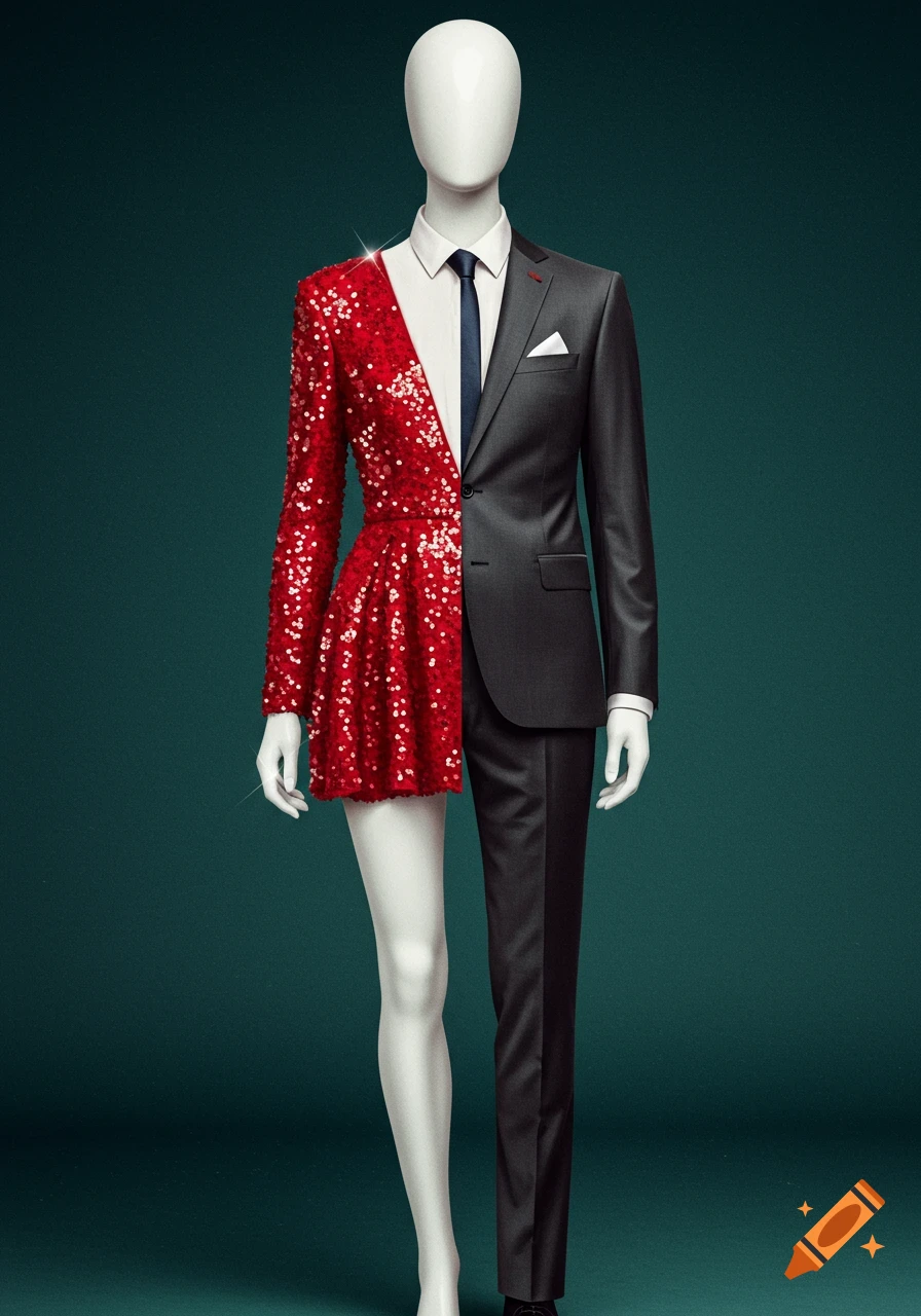 A mannequin dressed in a red sequin mini dress on one half and a gray suit on the other, against a dark teal background.