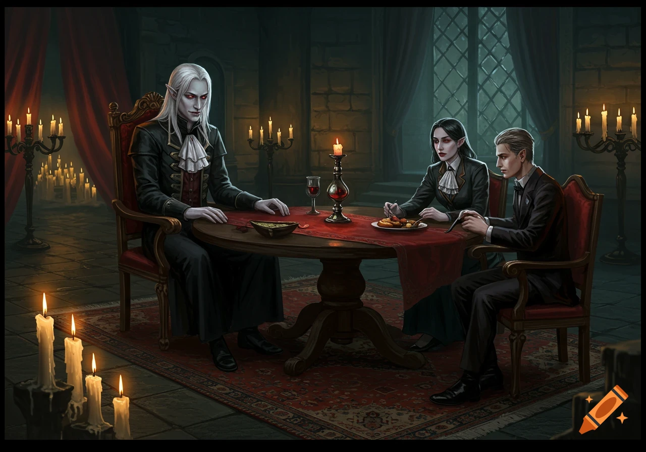 Three vampire-like figures, two pale and one human-toned, seated at a candlelit dining table in a dark, gothic room.