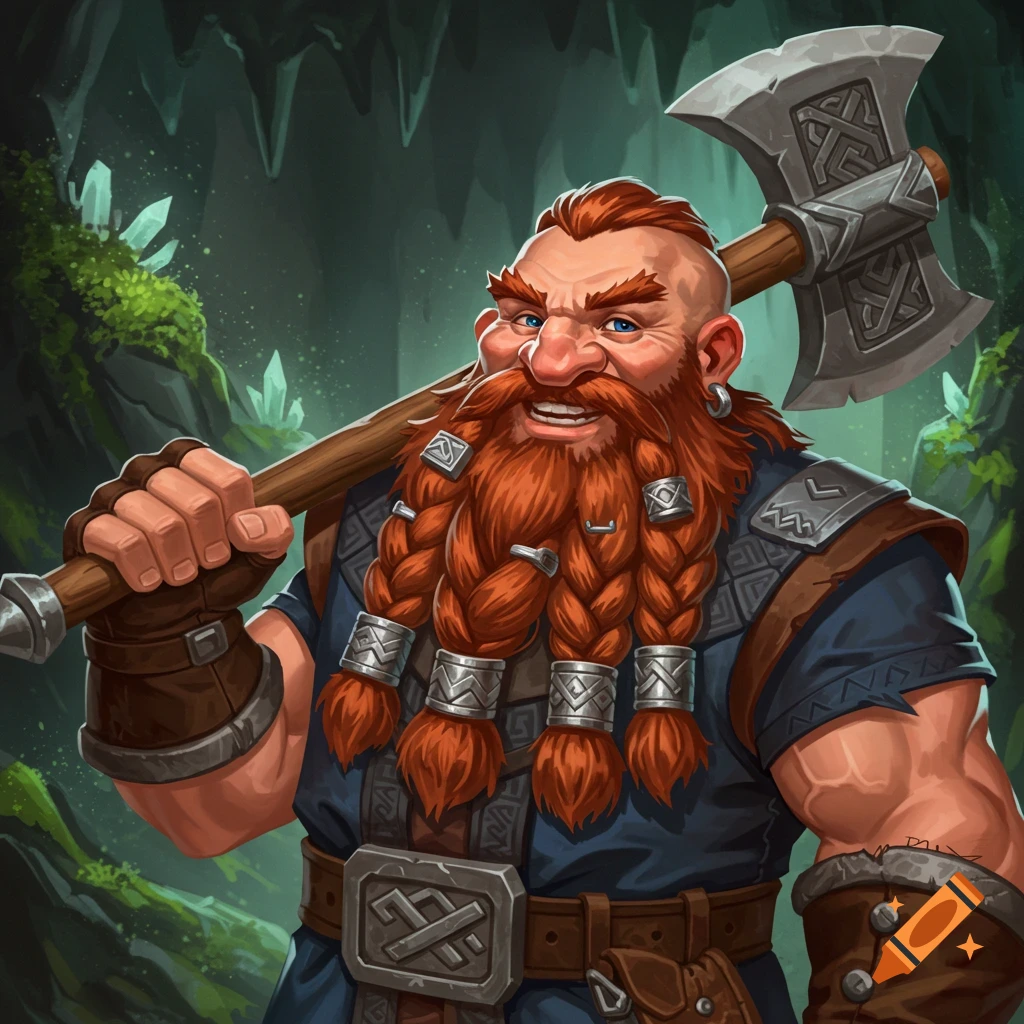 A smiling dwarf with a red braided beard, wearing armor, holding an axe ...