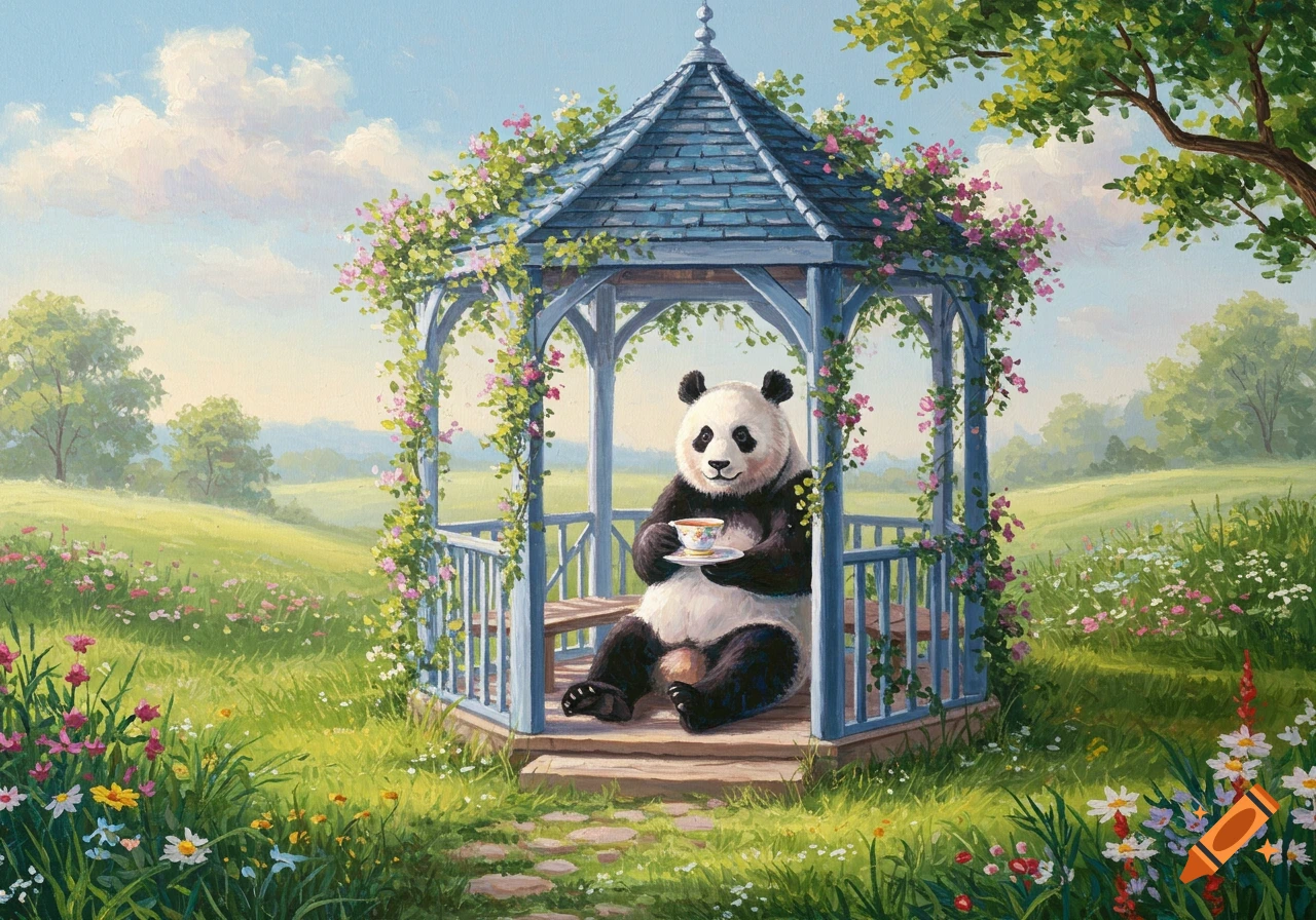 A painting in Bob Ross style of a panda sitting in a blue gazebo, drinking tea in a lush, wildflower-filled garden.