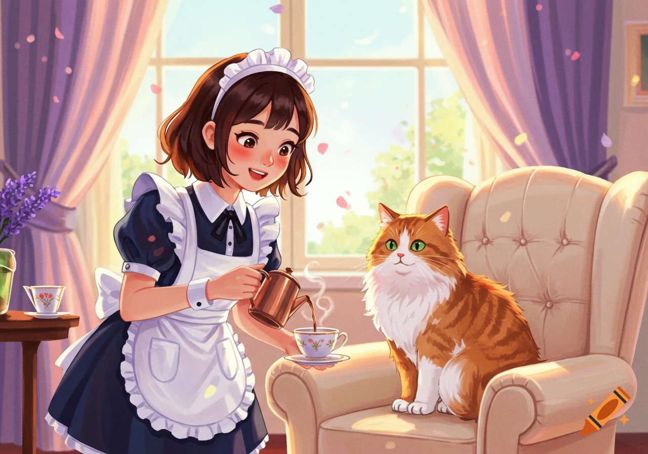 A smiling anime maid in a parlor pours coffee for a fluffy orange and white cat sitting in an armchair.