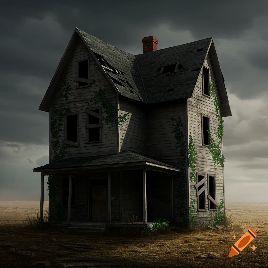 A dilapidated wooden house with a broken roof stands in a desolate landscape under a dark, stormy sky.
