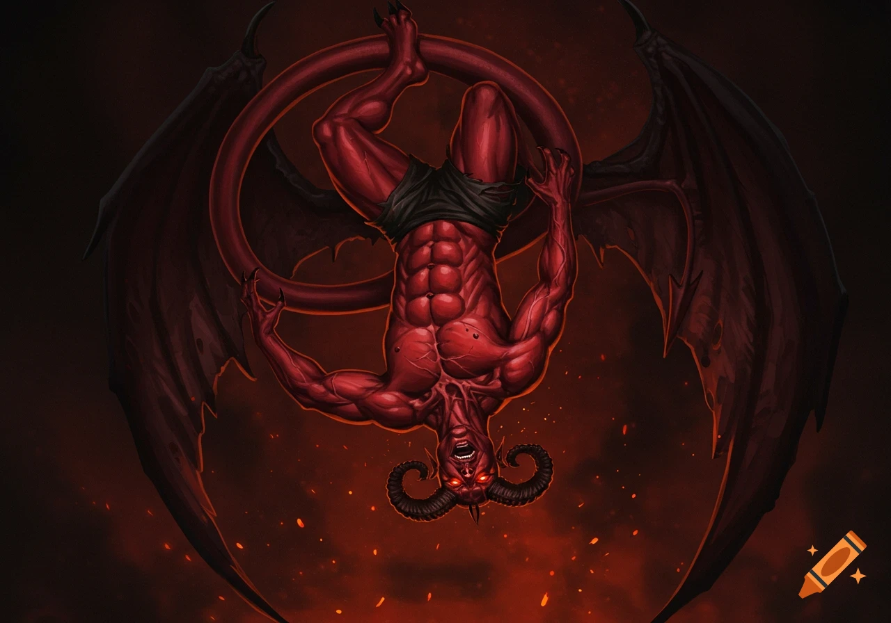 A muscular red-skinned demon with wings and horns hangs upside down by its tail against a fiery, dark background in a detailed illustration.