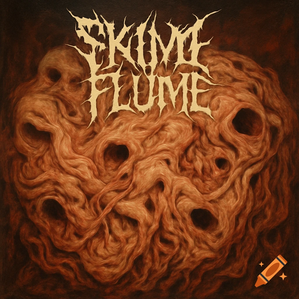 An album cover features a grotesque, fleshy, brown mass with dark, hollow holes, resembling skulls or orifices, set against a dark background. The title "SKINN FLUME" is in a sharp, distressed, gold-colored font at the top.