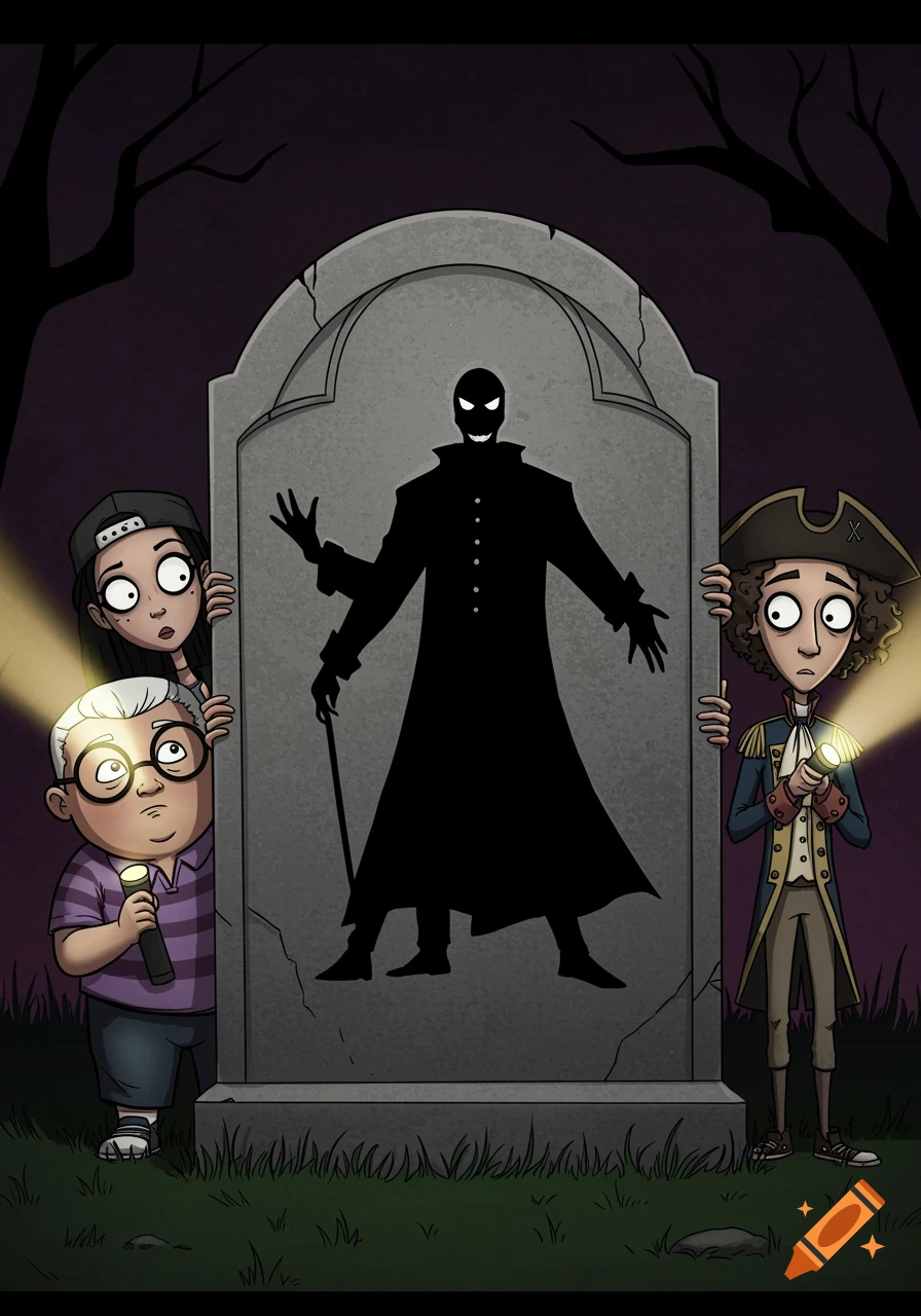 Three cartoon kids with flashlights peek around a gravestone featuring a spooky, multi-armed shadow figure. Dark, Tim Burton style.