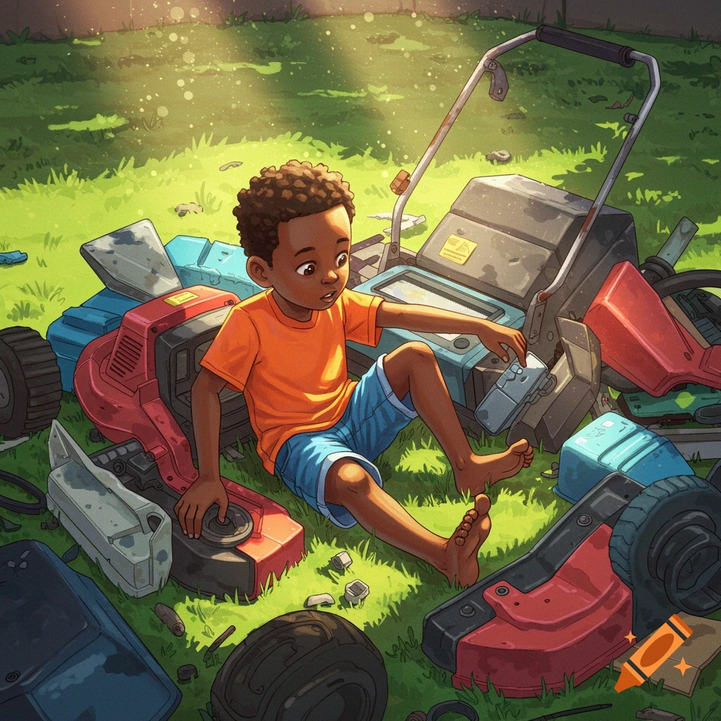An illustration of a young Black boy sitting amidst a pile of disassembled lawnmower parts in a grassy yard, looking curious.