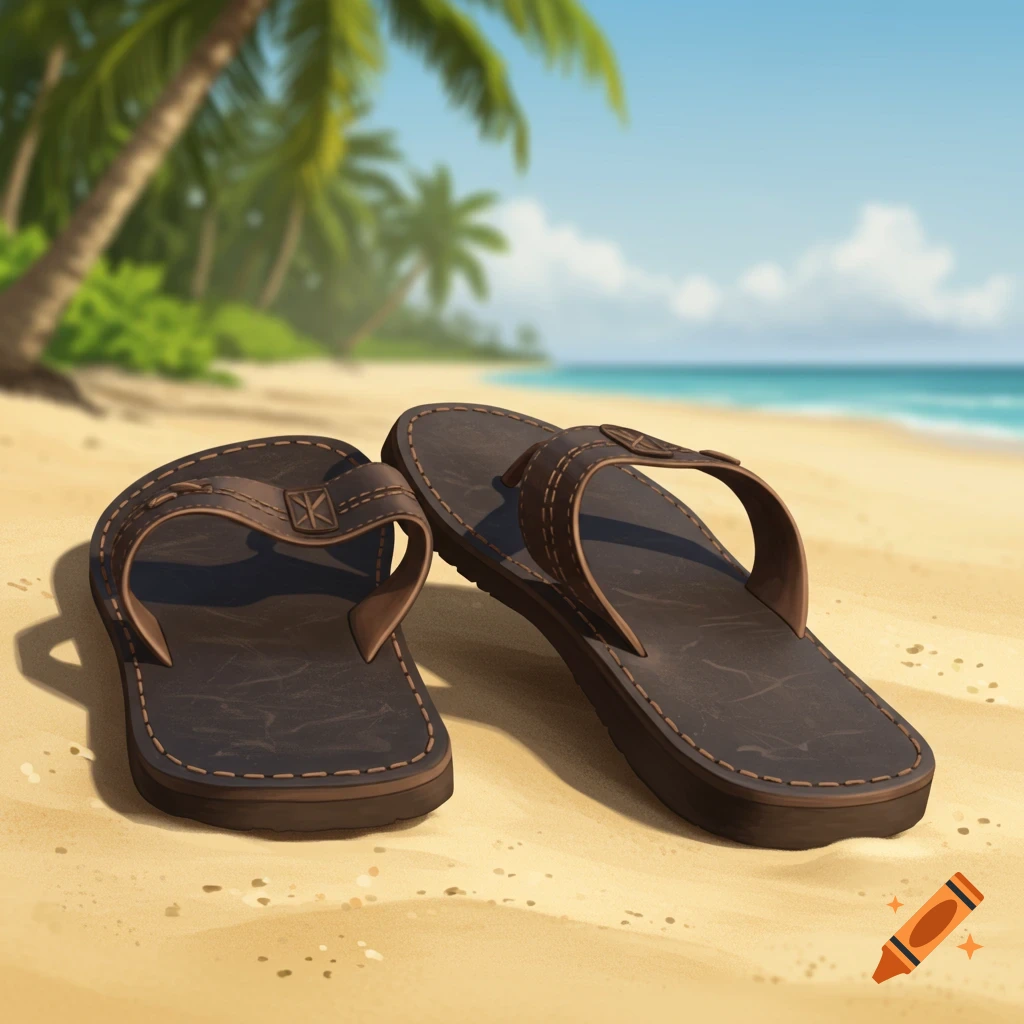 A photorealistic image of a pair of brown leather flip-flops resting on a sandy beach with the ocean and palm trees in the background.
