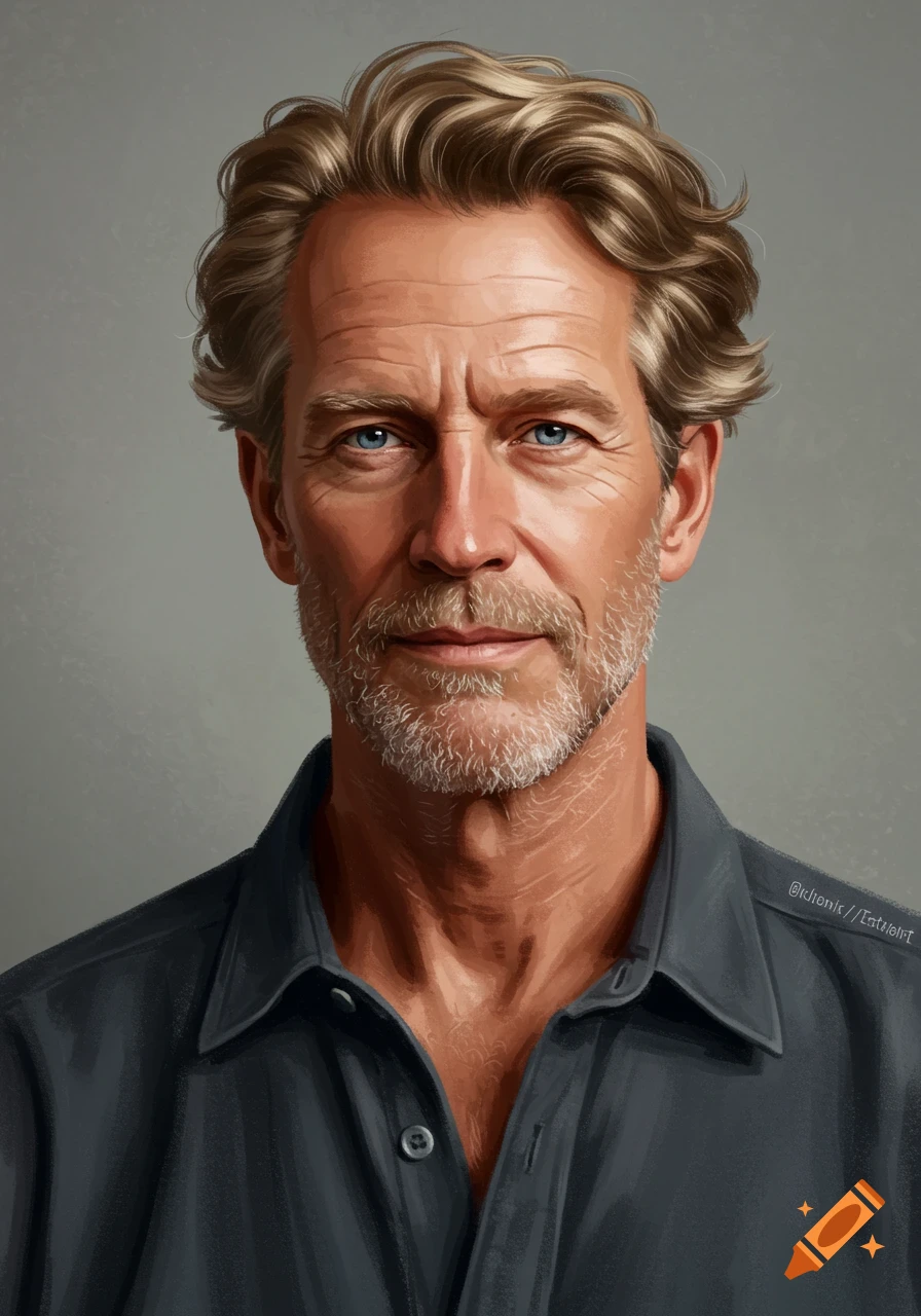 Digital painting of a man in his 50s with light brown wavy hair, blue eyes, and a beard, wearing a dark shirt.
