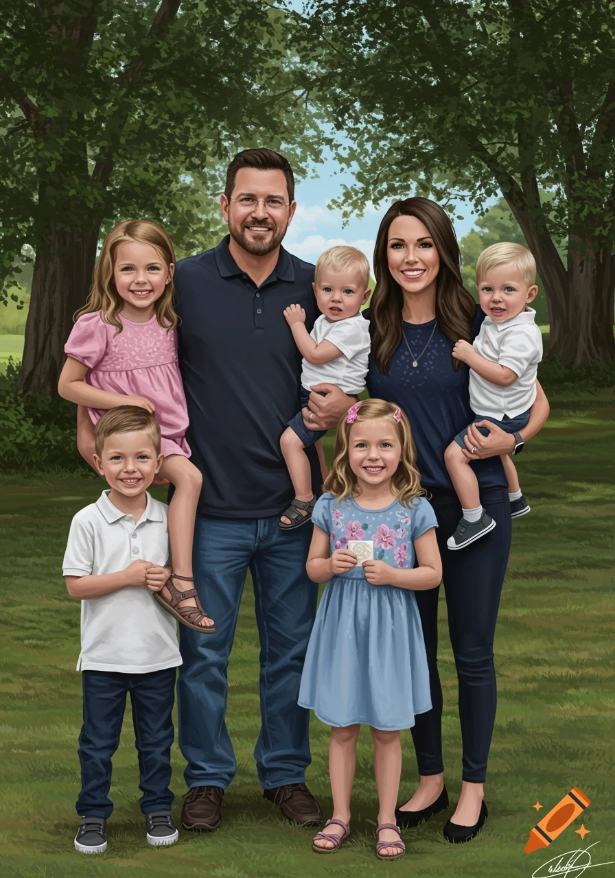 A smiling family of six, including parents and four children, standing outdoors in a lush green park. The image is rendered in a realistic, painterly art style.