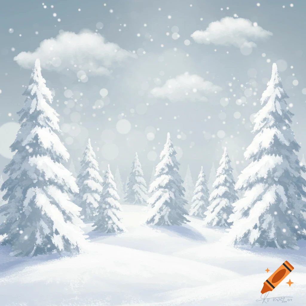 A serene, softly lit winter landscape features snow-covered fir trees and falling snow under a cloudy sky.