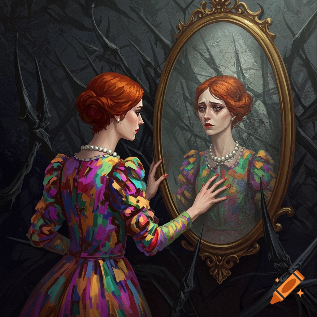 A woman in a vibrant, colorful dress gazes into a mirror that reflects a sad, desaturated version of her face. The background is dark and features sharp, spiky forms.