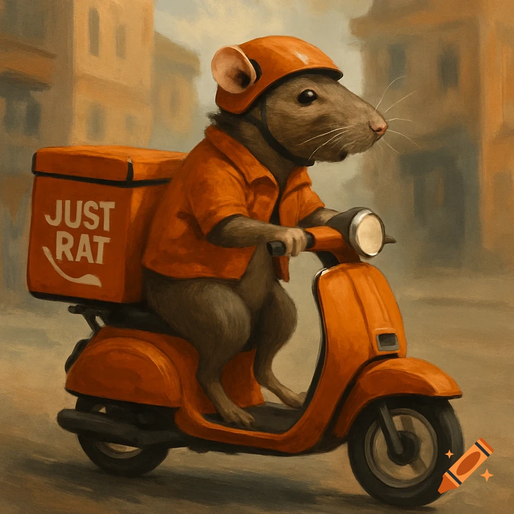 A rat in an orange helmet and shirt rides an orange food delivery scooter with 'JUST RAT' on the box, in an urban setting.