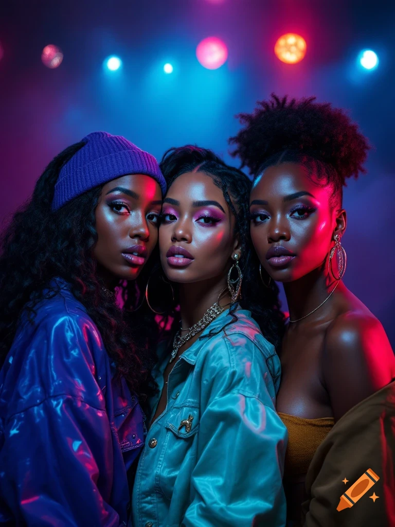 Three Black women pose for a photorealistic magazine cover, illuminated by vibrant blue and pink spotlighting.