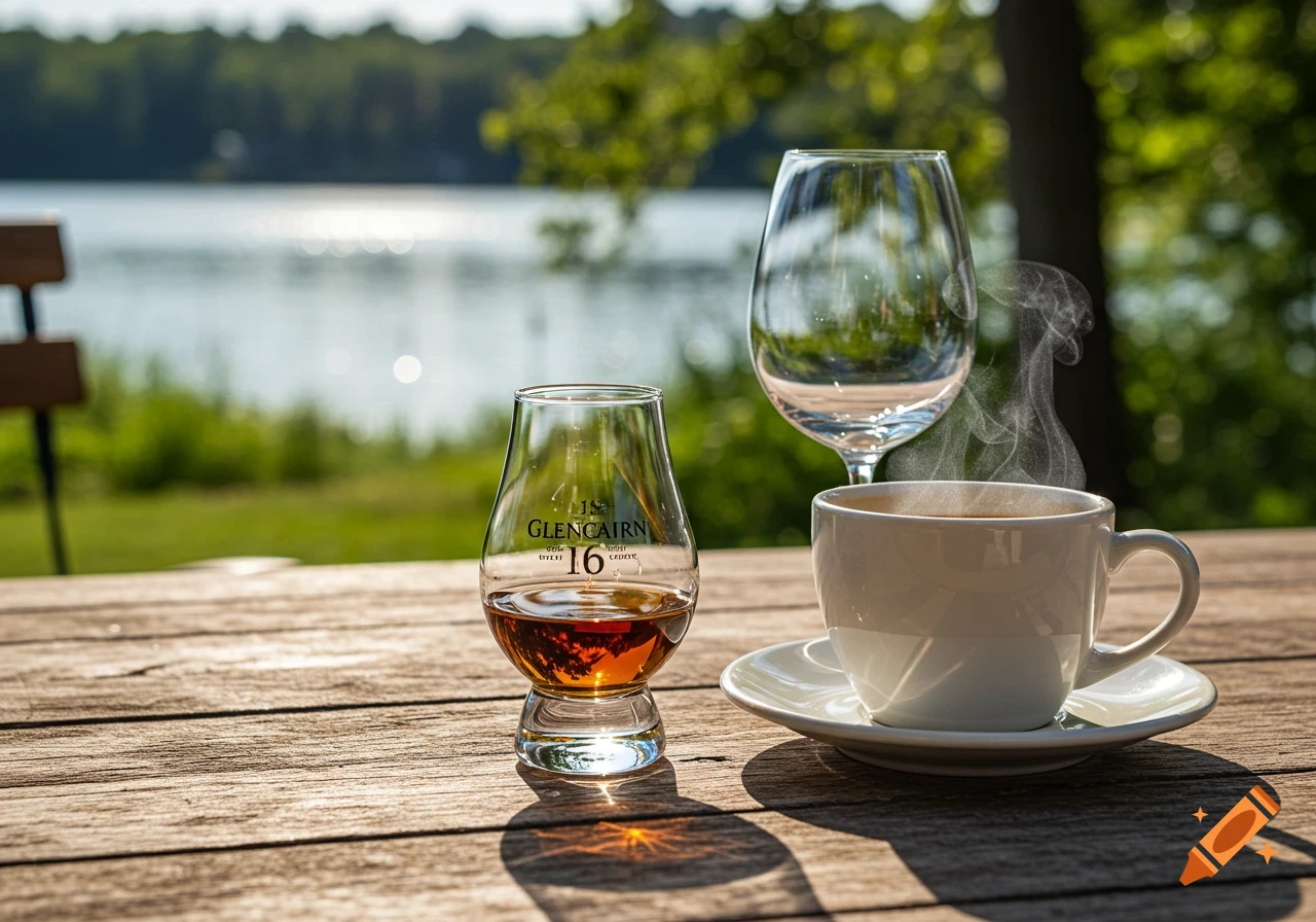 A Glencairn whisky glass, a steaming coffee cup, and a wine glass sit on a wooden table outdoors with a blurry lake and trees in the background.