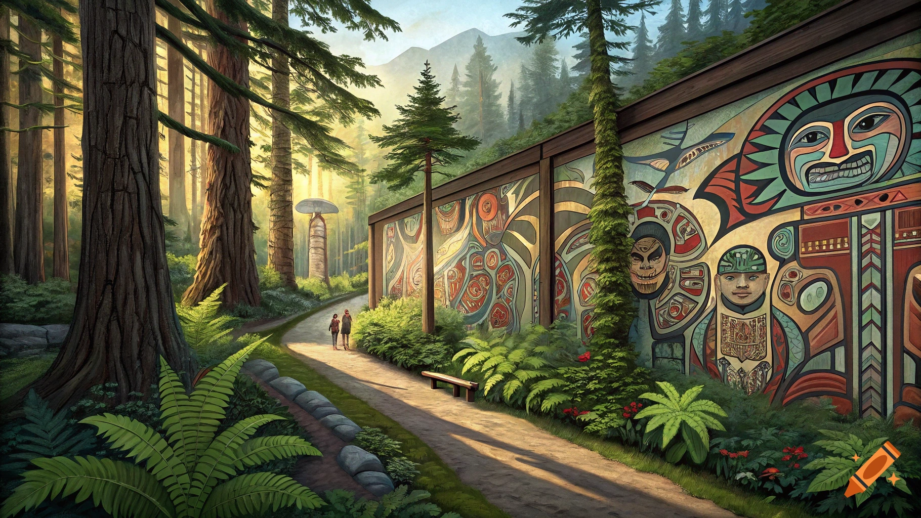 A lush forest path next to a building with a large colorful mural featuring Salish designs, with tall trees and mountains.