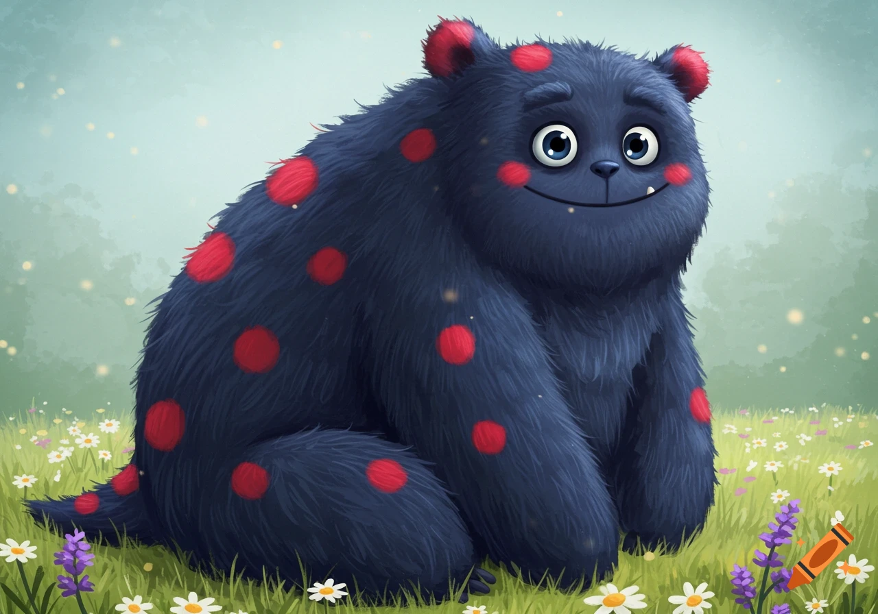 A fluffy, dark blue monster with red spots and a friendly smile sits in a field of flowers.