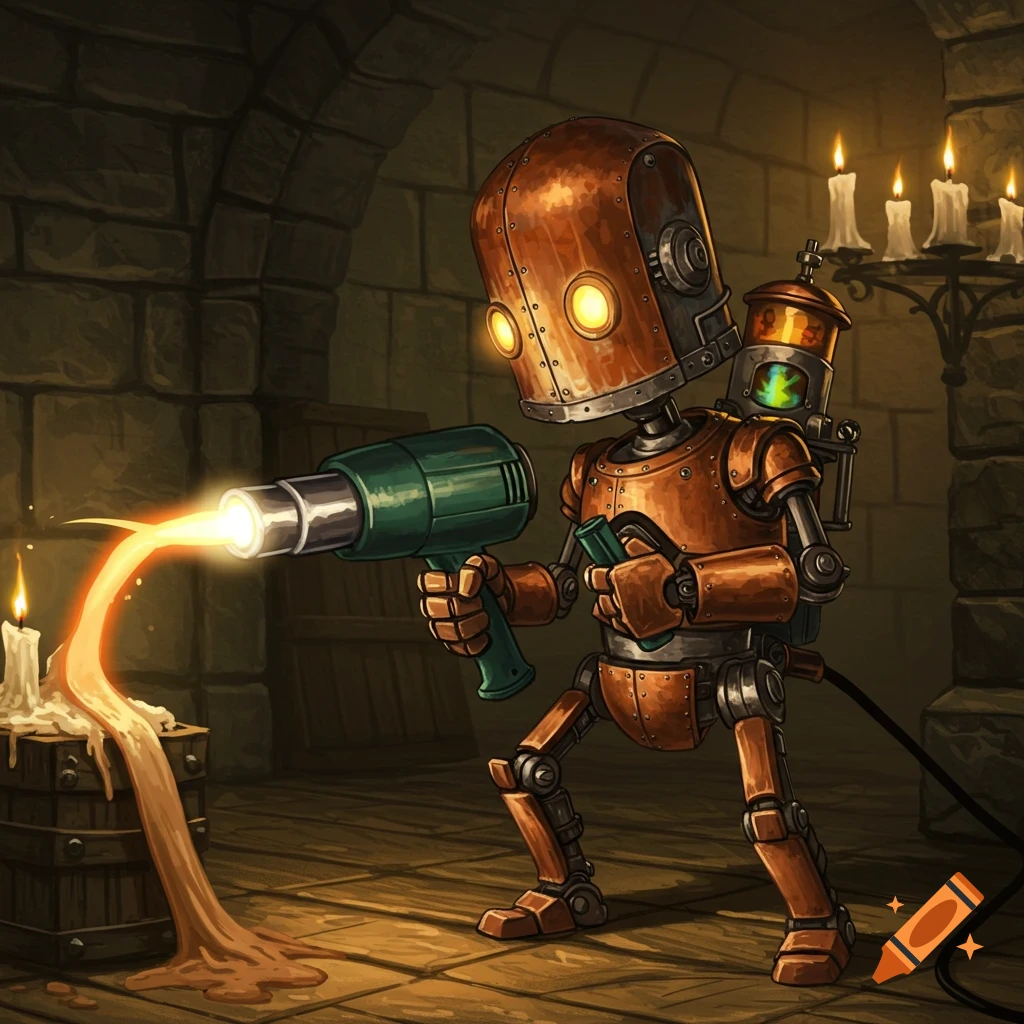 A rusty steampunk robot in a stone dungeon melts a large candle with a heat gun, creating a pool of wax.