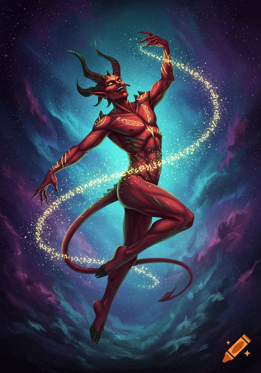 A red-skinned demon with horns and a tail dances against a vibrant cosmic background, trails of glowing golden symbols flowing from its hand.