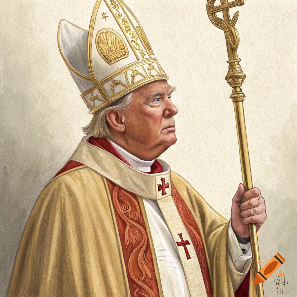 Portrait of Donald Trump dressed as a Pope, wearing a white and gold mitre and a gold and red chasuble, holding a golden crosier.