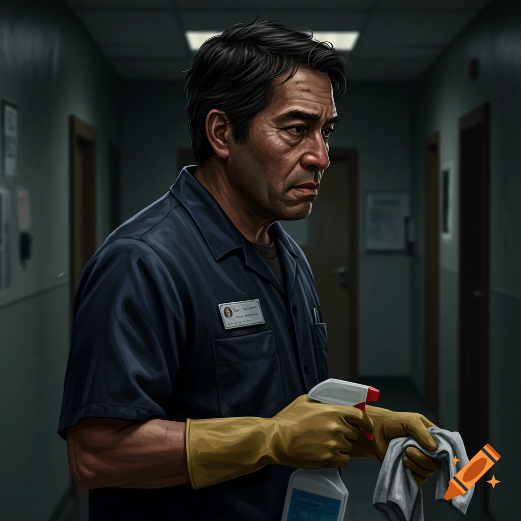 A photorealistic portrait of a male janitor in a blue uniform, yellow gloves, holding a spray bottle and cloth in a dim hallway.