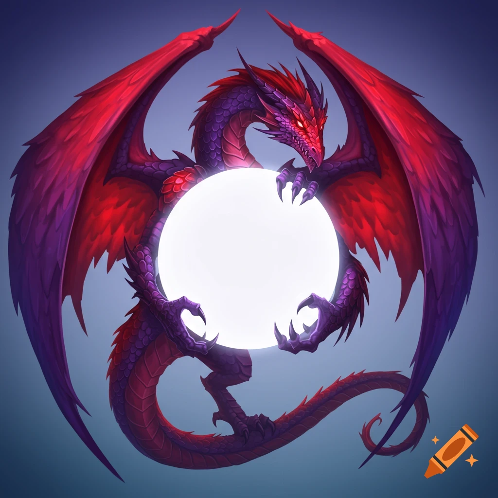 A purple and red dragon with large wings grips a glowing white orb in stylized digital art.