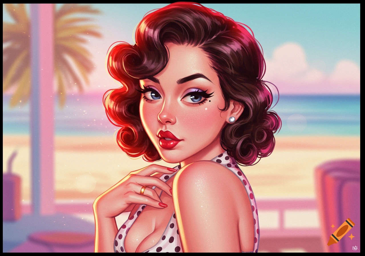 A vibrant pin-up illustration of a woman with red hair and red lipstick, wearing a polka dot top, against a blurry beach background.