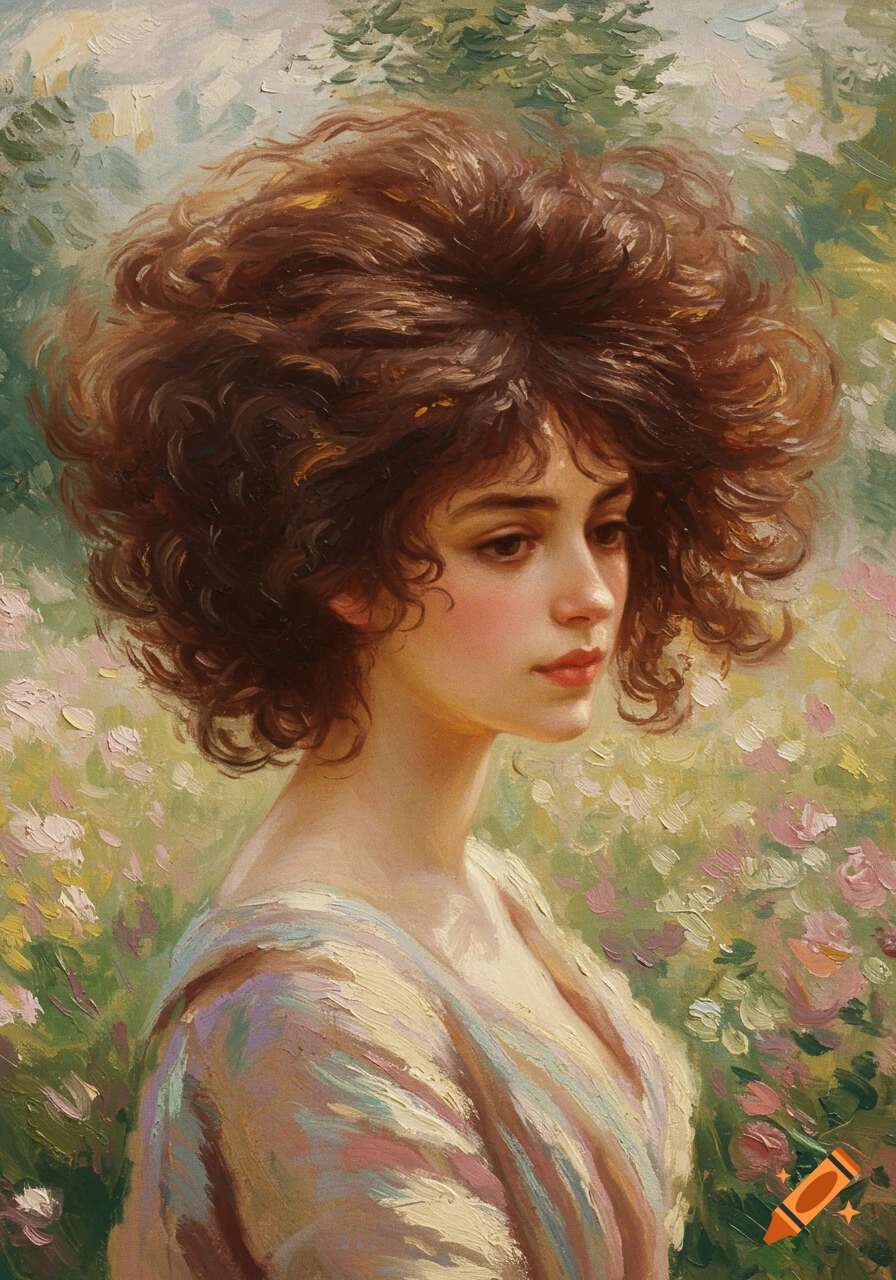 An impressionist painting of a brown-haired woman with voluminous curly hair in a flower garden.