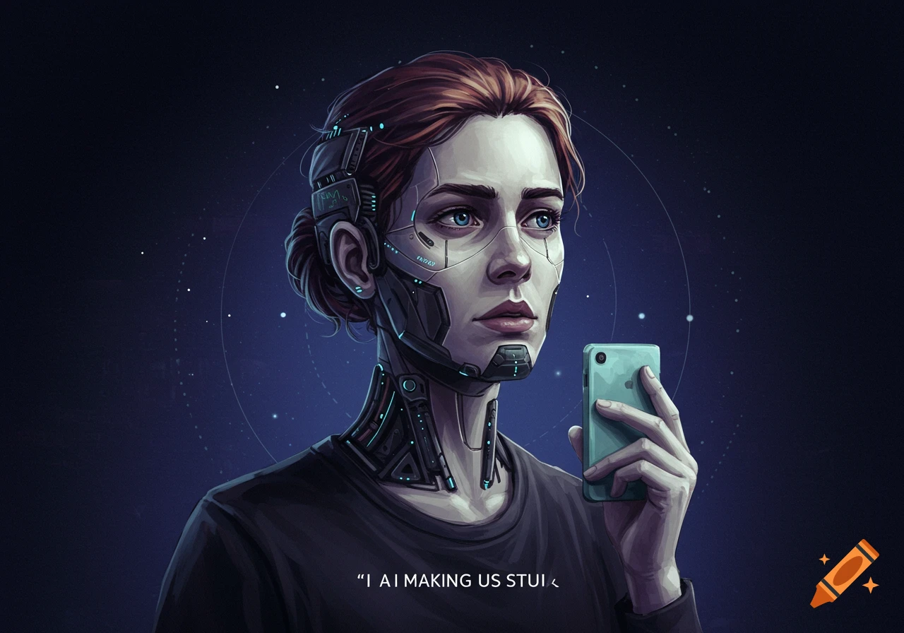A stylized digital art portrait of a woman with cybernetic implants on her head and neck, looking up while holding a smartphone. She has a pensive expression, with bright blue eyes and reddish-brown hair tied back. The background is a dark blue space with faint stars.