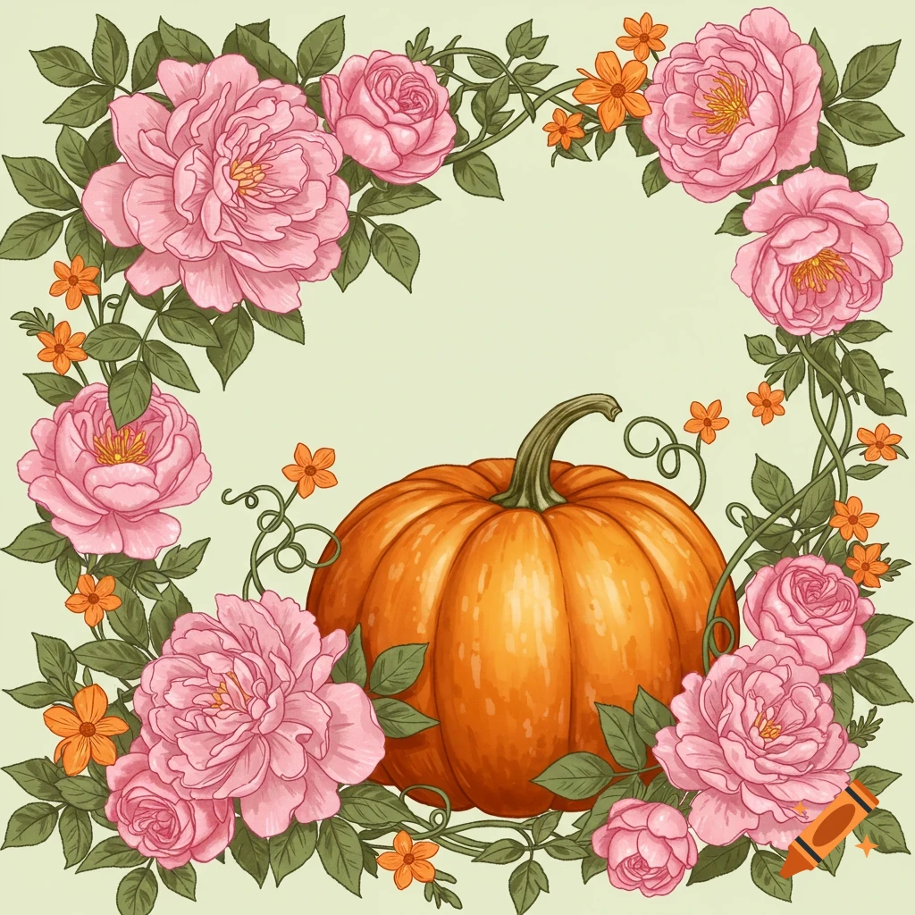 A vibrant illustration of an orange pumpkin surrounded by a border of pink roses and green leaves on a light green background.