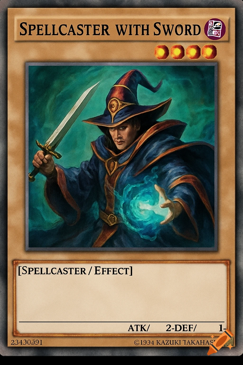 Yugioh card art of a spellcaster in a blue robe and wizard hat, holding a sword and casting a blue spell.