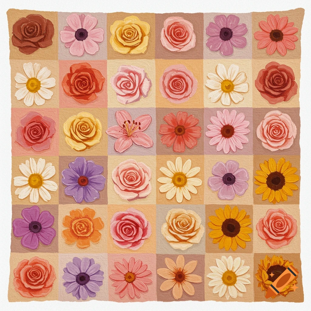 A colorful quilt-like pattern features a grid of various stylized flowers in shades of red, pink, yellow, purple, and white.