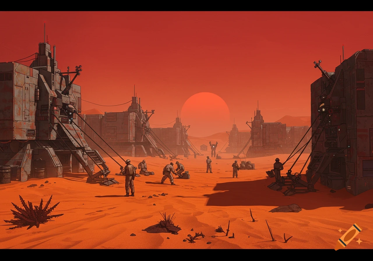 Illustrated view of a futuristic work camp in a red desert under a large sun, with workers near large industrial structures.