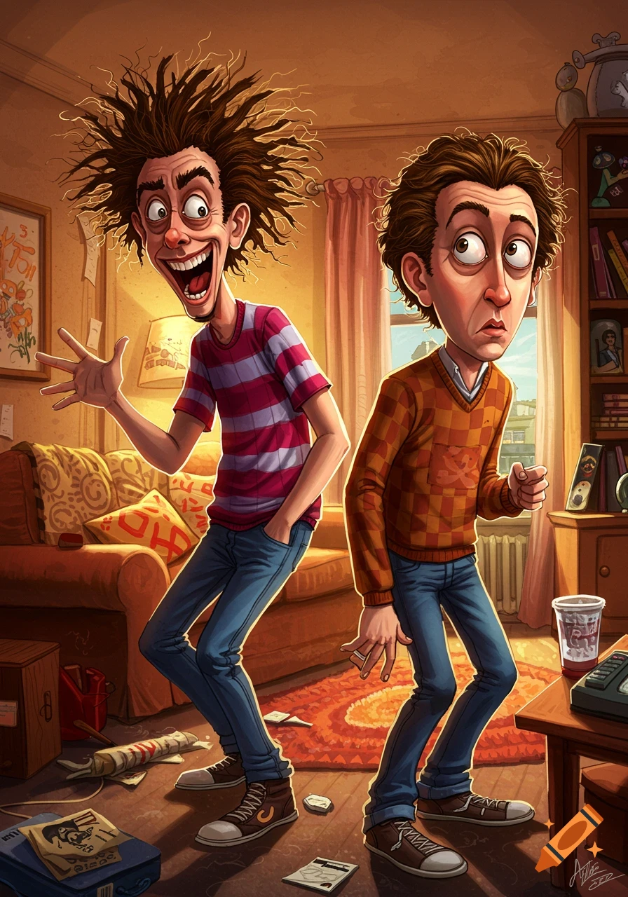 Two exaggerated cartoon men, one with wild hair and a wide grin, the other with wavy hair and a worried look, stand in a messy living room.