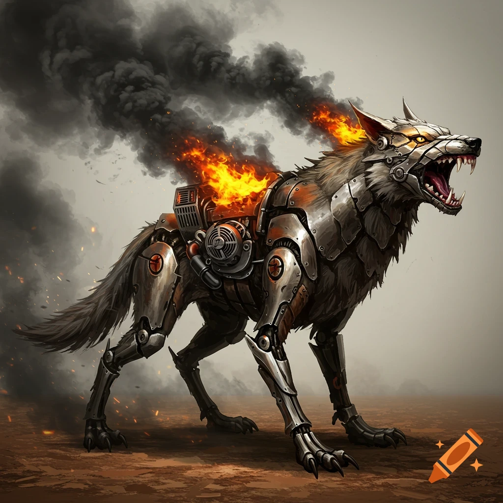 A ferocious steampunk wolf-like creature with metallic armor, emitting black smoke and flames from its back, stands in a barren land.