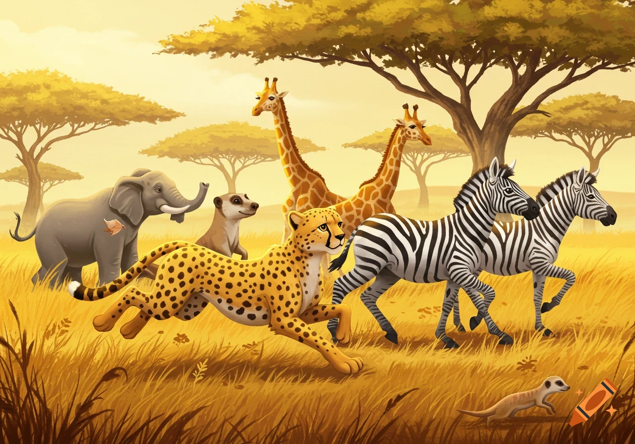 Cartoon safari animals, including an elephant, giraffes, cheetah, zebras, and meerkats, running across a golden savanna.