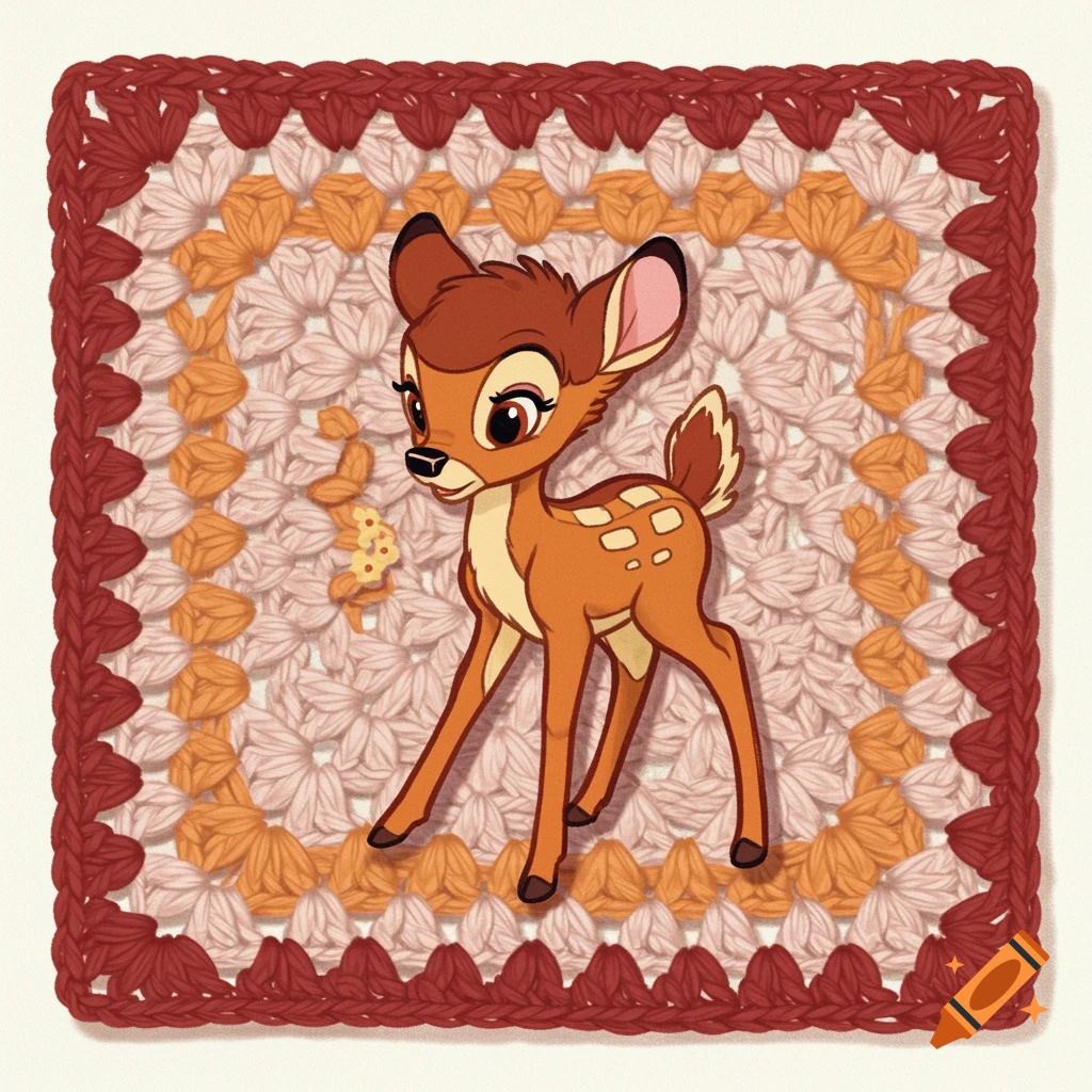 A cute cartoon Bambi standing on a colorful crochet granny square blanket.